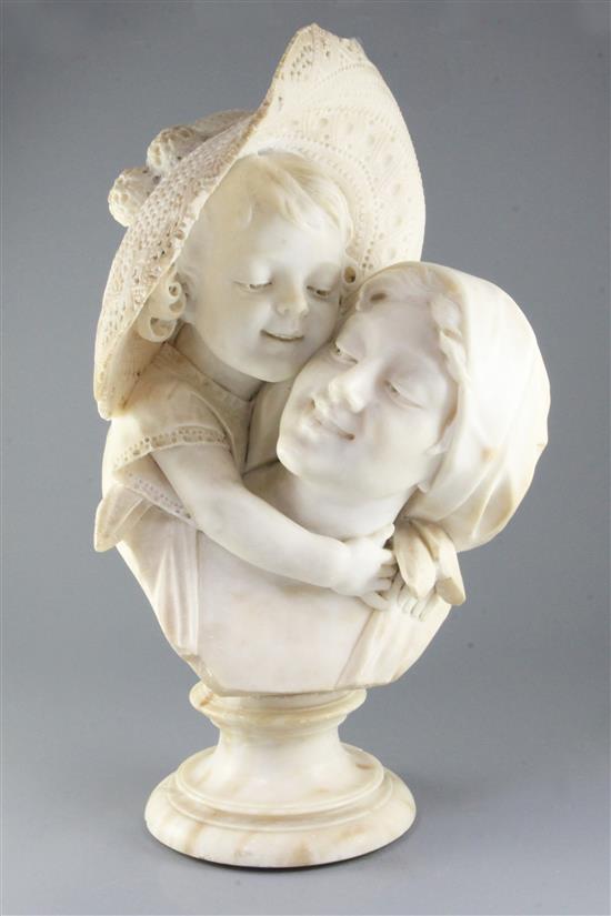 Emilio Fiaschi (1858-1941) A carved alabaster bust of a girl hugging her mother, height 25in.